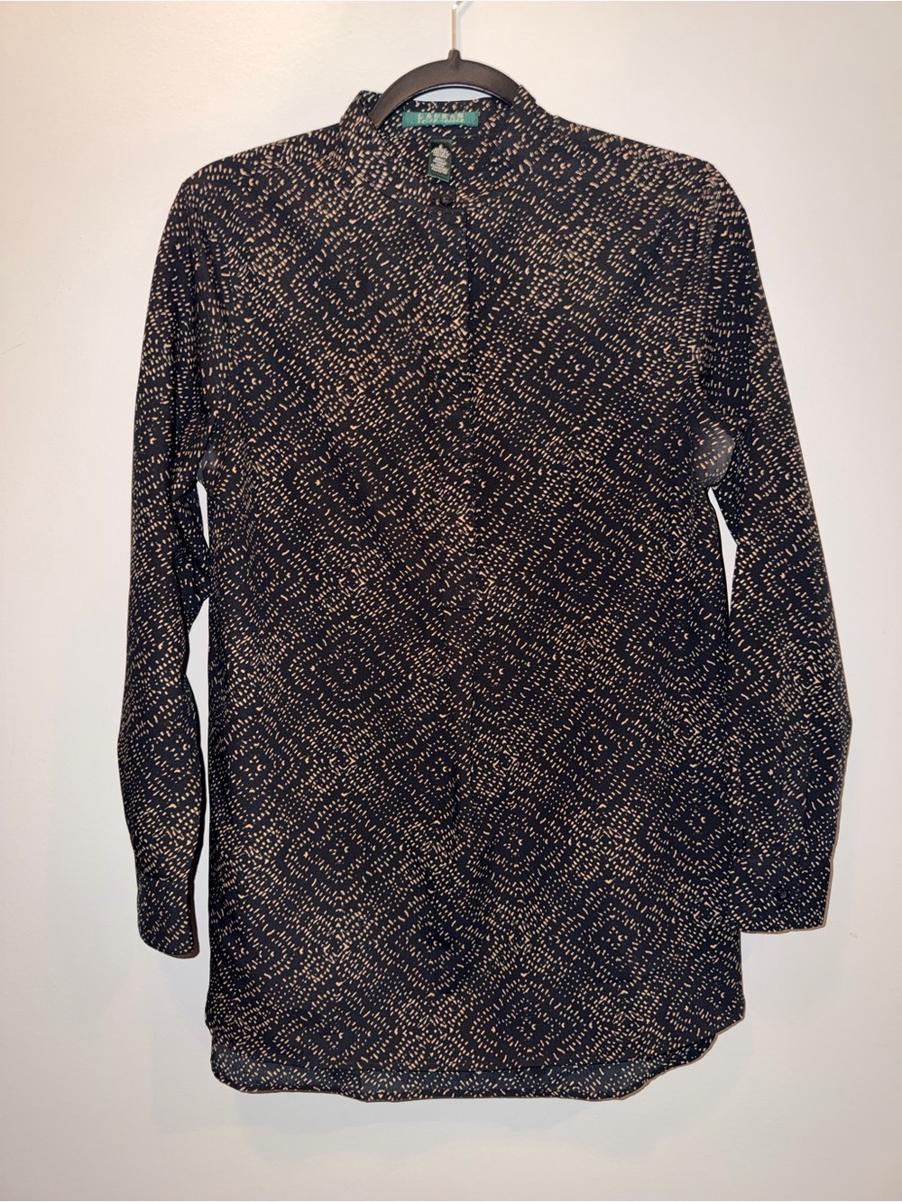 Lauren Ralph Lauren Black & Tan Geometric Dash Print Popover Tunic Blouse